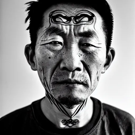 Prompt: grizzled tragic chinese man, age 3 5, with gutterpunk poke and stick face tattoos at dusk, black & white, richard avedon, 5 0 mm, grainy, low light