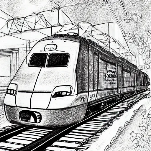 Image similar to train drawing a picture of itself with a pencil