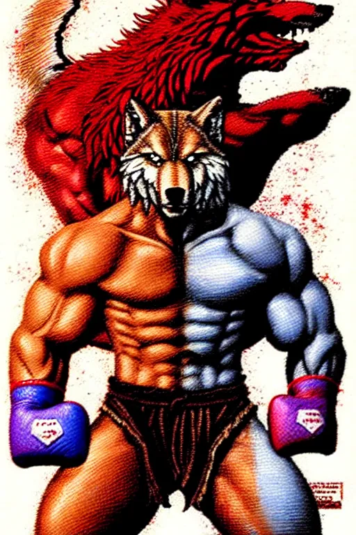 Image similar to extreme long shot. 8 bit nes graphics. antropomorphic muscular masculine wolf. kickboxer fighter, in shorts. wolf head. fine details, very sharp, art from nes game cartridge, ( vhs colors, vaporwave style ), marc simonetti and hermann nitsch