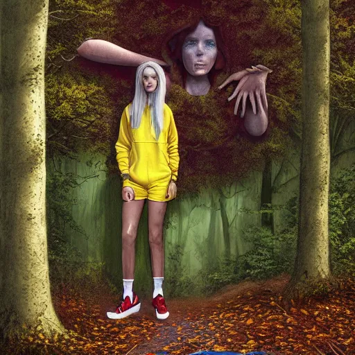 Prompt: Big wall poster artwork of forest by Michael Whelan, Rendering of a dead woman wearing yellow velor sweat suit and dirty heavily worn white keds slip on tennis shoe with toes pointing up covered by dark colored leaves and twigs from the calf and up, Matte painting, trending on artstation and unreal engine