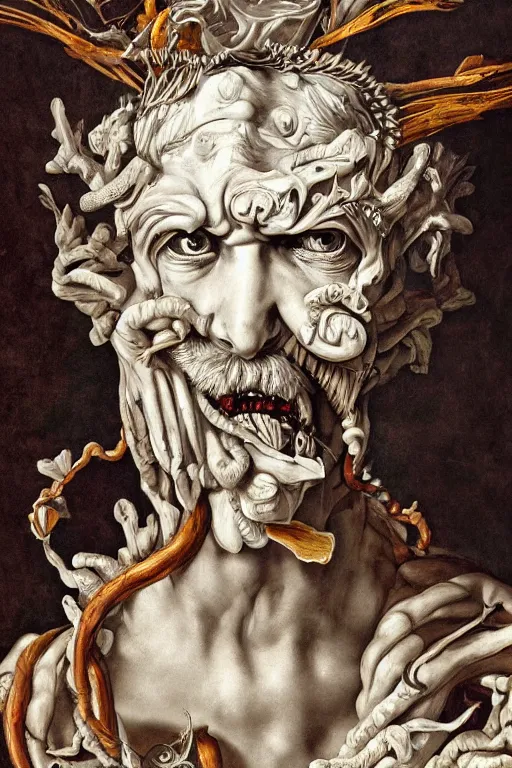 Image similar to Detailed maximalist portrait a Greek god with large white eyes and an angry face, fleshy body, botany, HD mixed media 3d collage, highly detailed and intricate, surreal illustration in the style of Caravaggio, dark art, baroque