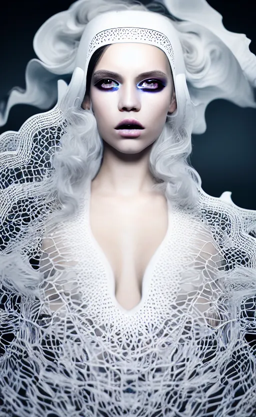 Image similar to portrait of a fierce nubile young woman with reflections in her eyes and white makeup and long dark hair, painted in futuristic white latex, waves of billowing doily dress, clear skin, elegant, graceful, fashionable, cinematic, hyperdetailed illustration by irakli nadar and alexandre ferra, depth of field, global illumination,