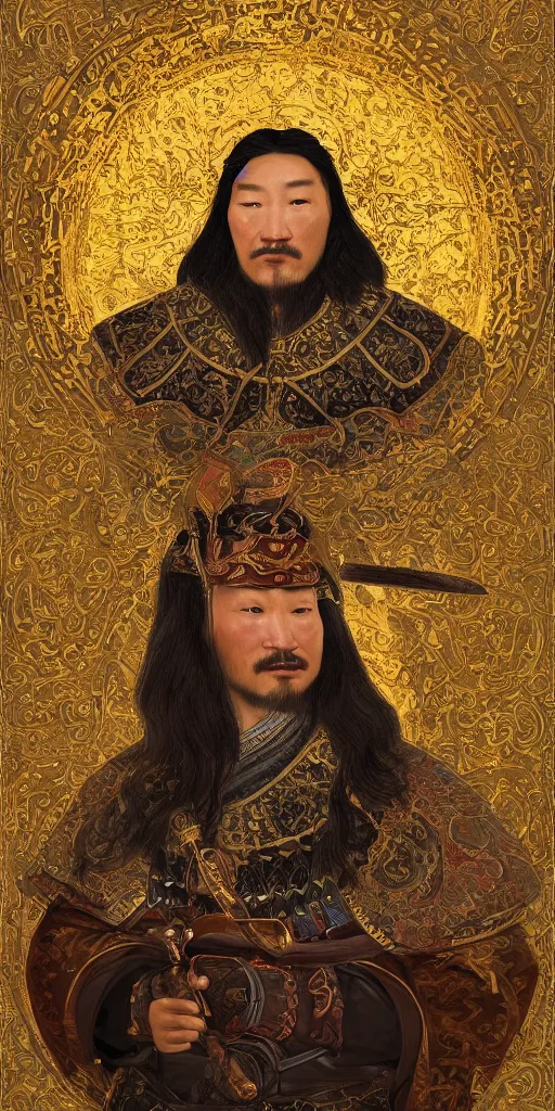 Image similar to a stunning and noble highly detailed romantic period style portrait of Genghis Khan by Josep Tapiró Baró, trending on artstation, oil painting masterpiece, symmetry, fractals, Mongolian iconography