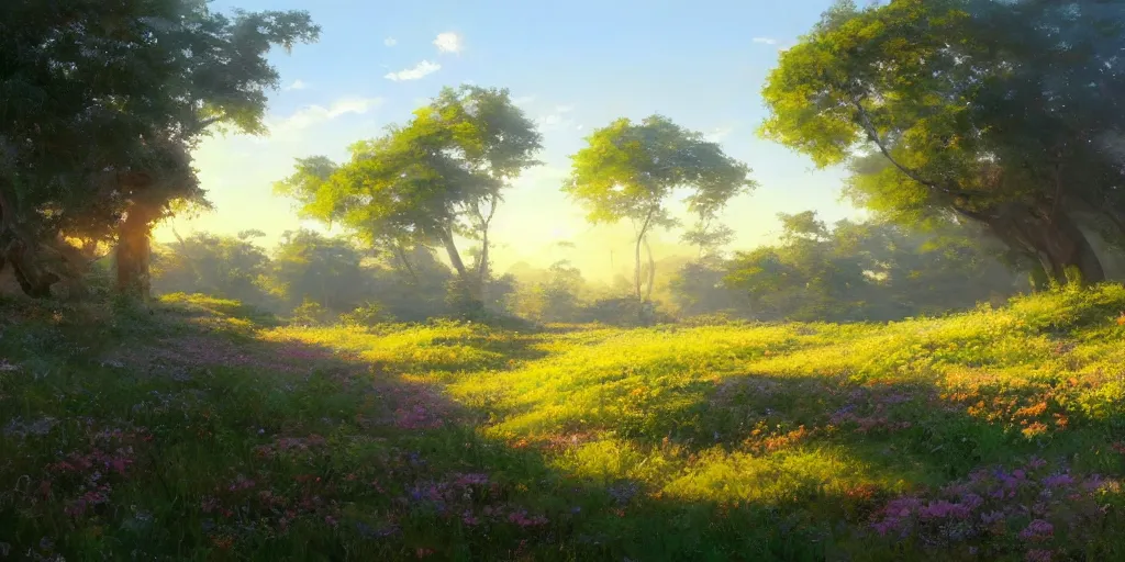 Image similar to an extraordinarily beautiful oil painting of a landscape in spring during sunrise ; lush vegetation ; the most beautiful painting in the world ; by makoto shinkai and craig mullins