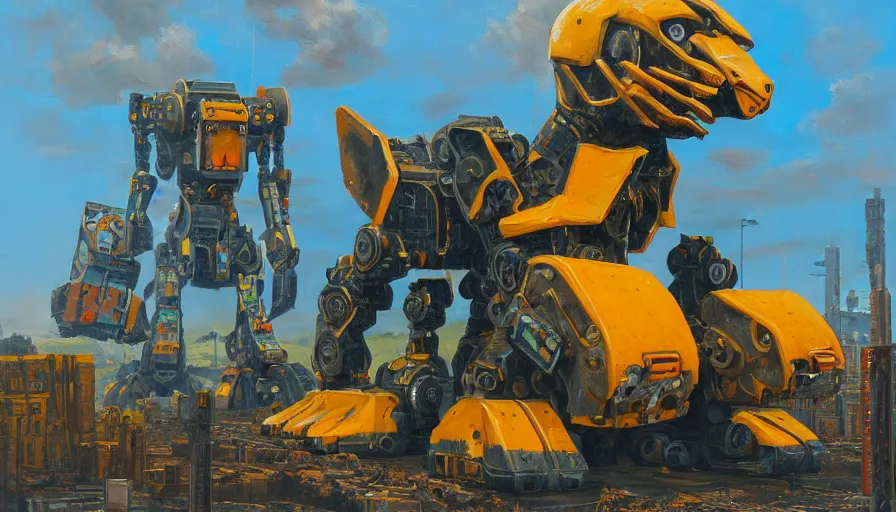 Prompt: an intricate oil painting of a giant south african armored cheetah shaped scrap metal mecha by simon stalenhag, yellow, orange and cyan paint decals