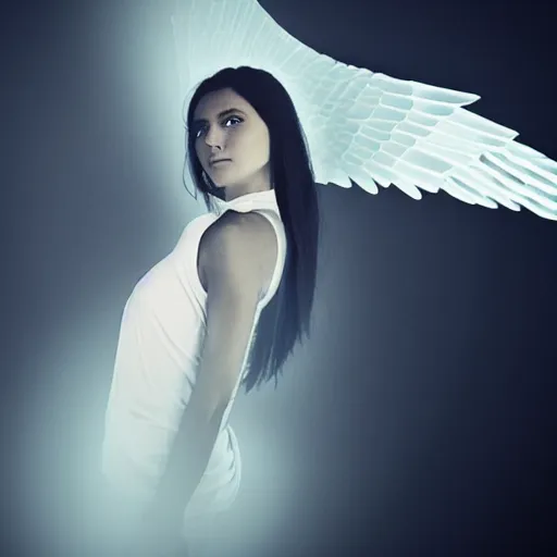 Prompt: beautiful female angel, wings, Latina, asymmetrical face, ethereal volumetric light, sharp focus