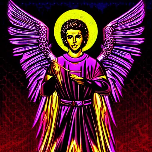 Image similar to digital art of saint michael the archangel, retro synthwave colouring