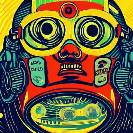 Image similar to Illustrated by Shepard Fairey and H.R. Geiger | Cyberpunk VAn Gogh with VR helmet, surrounded by cables