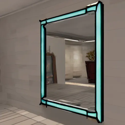 Image similar to a mirror but in the reflection is a fantasy world, dynamic lighting, photorealistic, ambient lighting