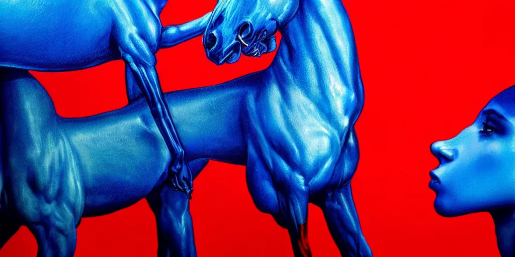 Prompt: blue ney motogrosso in love with a red stallion, too many hands in all directions, too many teeth, too many eyes, in hoc signo vinces, waterfall, in the style of gottfried helnwein, high contrast chiaroscuro, intricate composition, blue light, insanely quality, highly detailed, masterpiece, red light, artstation