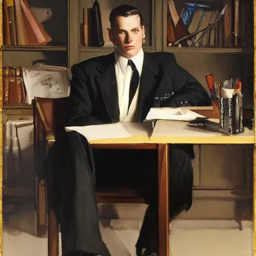 Prompt: man in desk with coffee and black suit by leyendecker and dean cornwell, 5 feet distance from the camera, n - 6