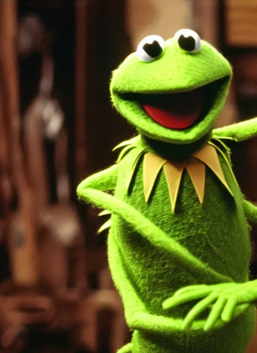 Prompt: film still of Kermit the Frog as The Terminator in Terminator, 4k