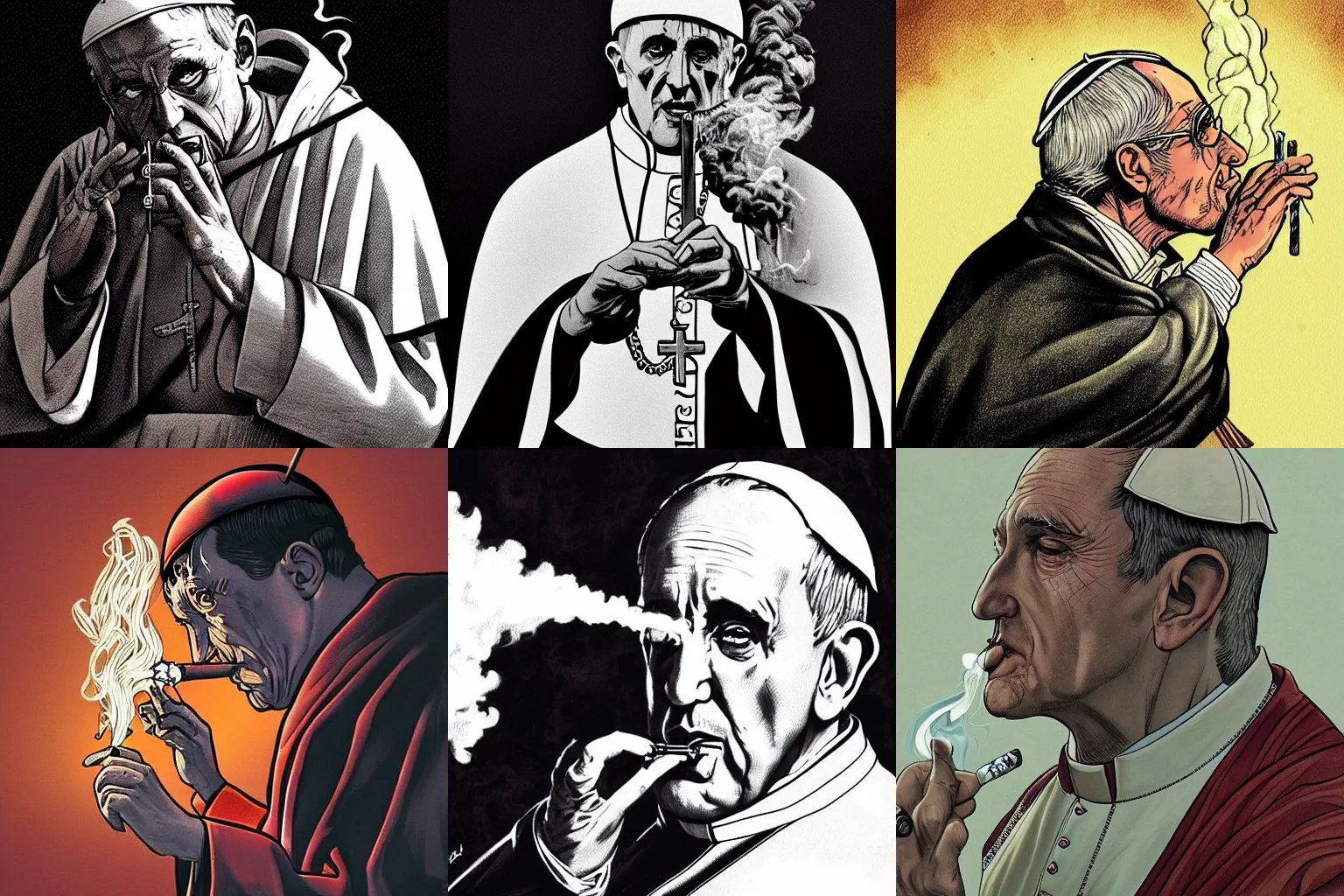 Prompt: The Pope Smoking a blunt ,dc comics, dark, intricate, highly detailed, smooth, artstation, digital illustration by Adam Kubert