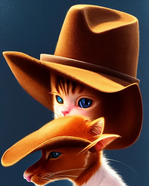 Prompt: young cat wearing a brown cowboy hat | | cute - fine - face, fluffy, pretty face, key visual, realistic face, detailed, real life, fine details by stanley artgerm lau, wlop, rossdraws, james jean, andrei riabovitchev, marc simonetti, and sakimichan, trending on artstation