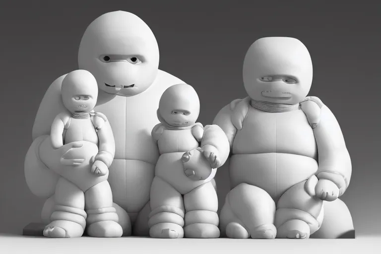 Image similar to alabaster Bibendum model, family portrait of Michelin Man, Bibendum family portrait, sculpture, photograph, studio lighting, product photography, while marble, figurine, octane render