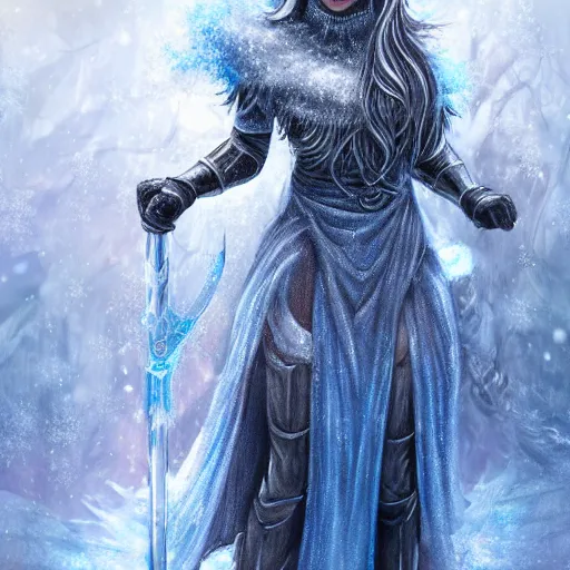 Image similar to auril, goddess of winter, lady made of ice wielding a warhammer made of ice, digital art, trending on artstation, portrait