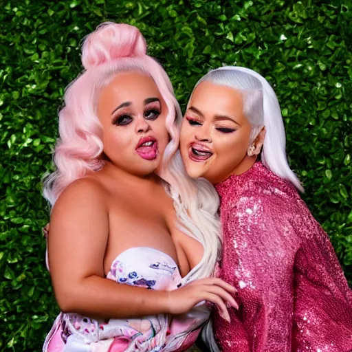 Image similar to photo of doja cat & trisha paytas whispering to each other and giggling while they look at the camera, , intricately detailed, dslr, 85mm pentax, f/1.3, award winning