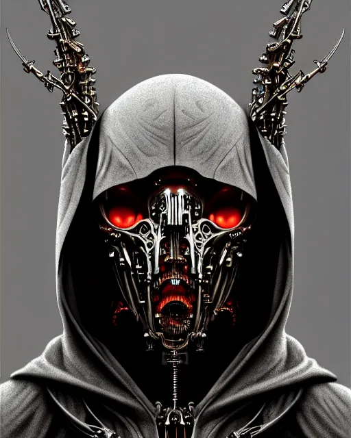 Image similar to front shot of a cyberpunk hooded dead biomechanical demon mastermind character, intricate, elegant, highly detailed, centered, (((artstation, concept art, smooth, sharp focus, artgerm, Tomasz Alen Kopera, Peter Mohrbacher, donato giancola, Joseph Christian Leyendecker, WLOP, Boris Vallejo))), mugshot!!!!!, ugly!!!!!!, octane render, nvidia raytracing demo, grainy, muted