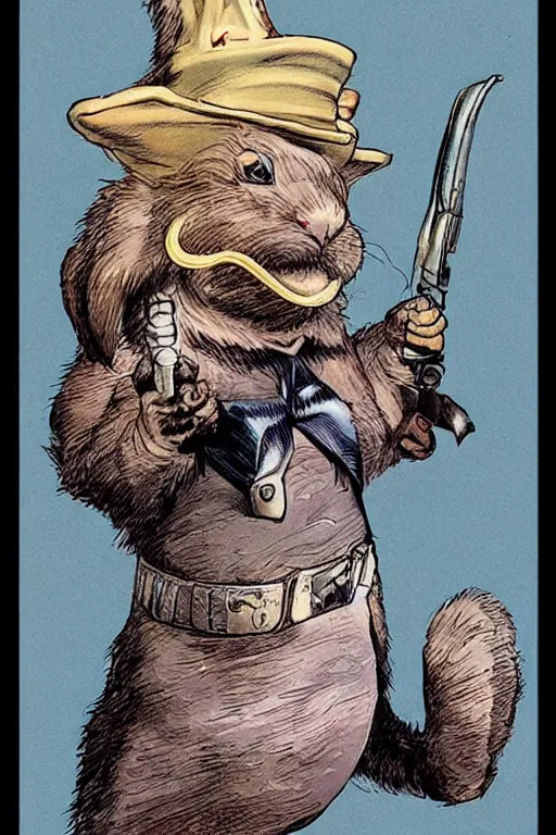 Image similar to vernon. Rabbit with mustache dressed as a sheriff. concept art by James Gurney and Mœbius.