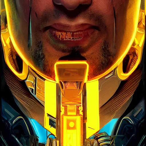 Image similar to front view, vicious, mad, ominous portrait of Jeff Bezos as a cyberpunk 2077 loading screen, symmetry, front view, intricate, studio, art by anthony macbain + greg rutkowski + alphonse mucha, concept art, 4k, sharp focus