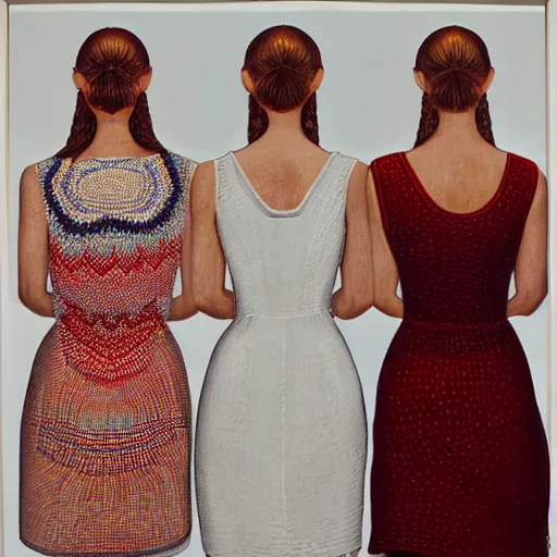 Prompt: two sisters look into the mirror, one blonde and one brunette, white and red dresses, Chuck close