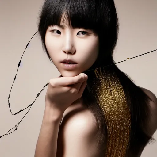 Prompt: a beautiful young female korean model wearing a hairsculpture made of hair and gold string, photoshot by erwin olaf