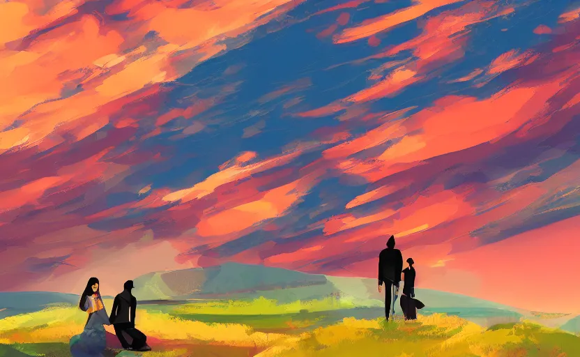 Image similar to it feels like something to be anything. Couple in a beautiful landscape. Rough strokes. Futuristic. Interesting colour scheme. Detailed. Beautiful digital art by artist Lurid. (2022)
