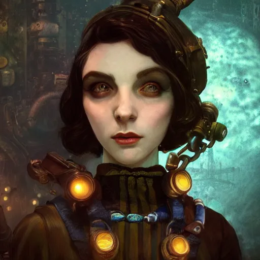 Prompt: underwater bioshock steampunk portrait, hyper detailed, digital art, cinematic lighting, studio quality, smooth render, unreal engine 5, octane rendered, art style by klimt and nixeu and ian sprigger and wlop and krenz cushart.