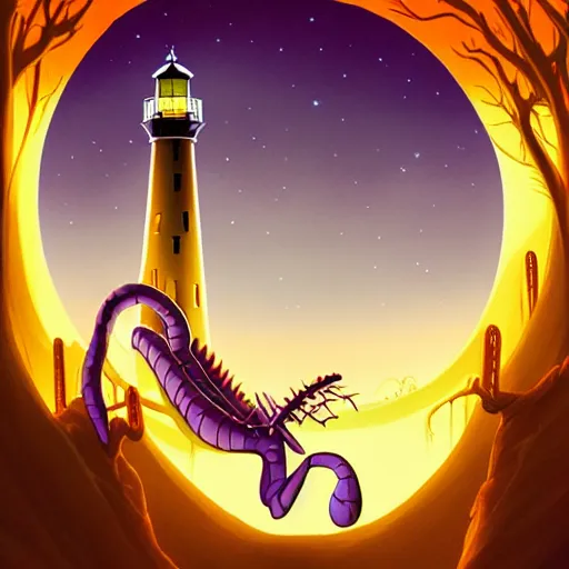 Prompt: don bluth, artgerm, joshua middleton, purple color pallete, welcome to night vale, lighthouse in the desert, giant centipede, spooky strange weird quirky, cartoon, 2 d, chiral lighting