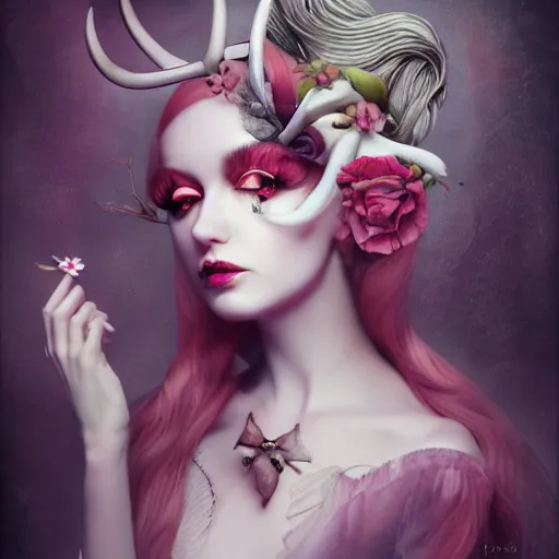 Image similar to of a woman, surreal Portrait inspired by Natalie Shau, Anna dittmann,flowers with horns, jewellery,cinematic