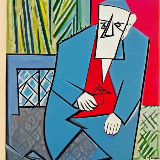 Prompt: old man sat on a park bench holding a newspaper in the style of pablo picasso