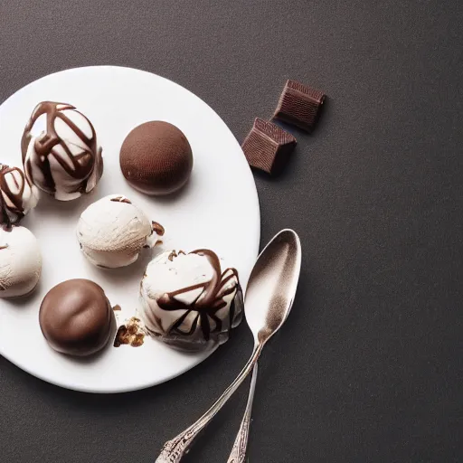 Image similar to extremely delicious looking photo of ice cream dessert, very expensive, top quality product, most perfect chocolate on the world, small manufacture, unique style, 8 k, product photography, professional studio photography