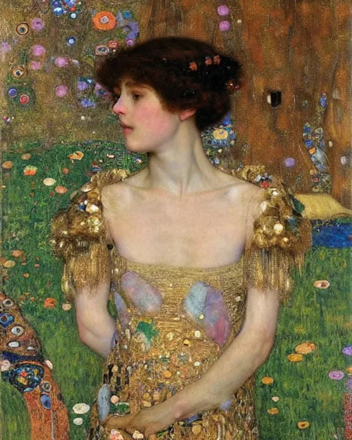 Image similar to an elf princess by Gustav Klimt and edgar maxence