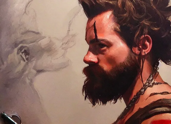 Image similar to a highly detailed beautiful portrait of harry styles as kratos, by gregory manchess, james gurney, james jean