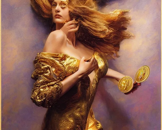 Prompt: attractive woman posing in front of a huge golden bitcoin, commercial by annie liebovitz, gaston bussiere, craig mullins, j. c. leyendecker