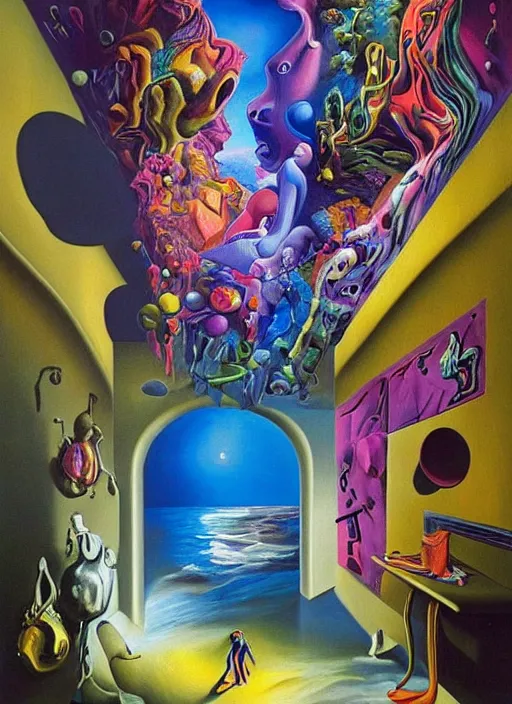 Prompt: an extremely high quality hd surrealism painting of a 3d galactic neon complimentary-colored cartoony surrealism melting optically illusiony hallway by kandsky and salviadoor dali the seventh, salvador dali's much much much much more talented painter cousin, 4k, ultra realistic, super realistic, so realistic that it changes your life