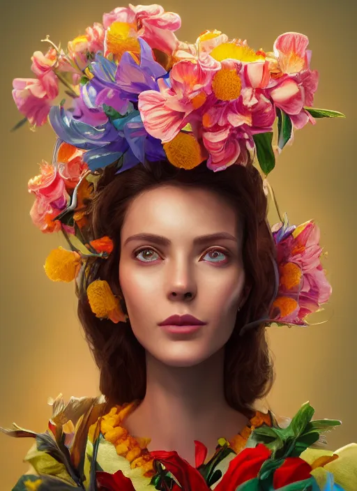 Image similar to an anthropomorphic beautiful female scientist portrait holding a flowers wearing colourful robe, fine art, award winning, intricate, elegant, sharp focus, octane render, hyperrealistic, wizard hat cinematic lighting, highly detailed, digital painting, 8 k concept art, masterpiece, trending on artstation, 8 k