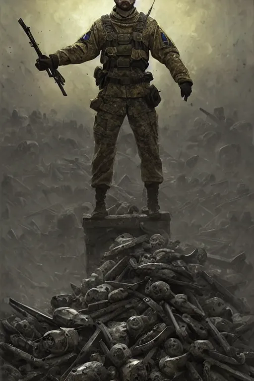 Image similar to a distant shot of a Ukrainian Call of Duty soldier with blue and yellow uniform standing alone on a pile of skulls as a winner, masculine figure, D&D, fantasy, intricate, elegant, highly detailed, extremely detailed, digital painting, artstation, concept art, matte, sharp focus, symmetrical, illustration, art by Artgerm and Greg Rutkowski and Alphonse Mucha