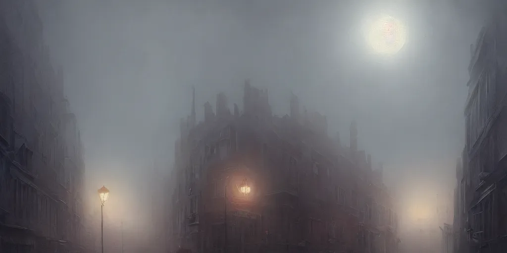 Prompt: A hyper realistic oil painting of a moon hanging over a victorian age city, view from the streets, fog, creepy atmosphere, moody cinematic lighting, focus on the moon, hyper detailed, by greg rutkowski, trending on artstation