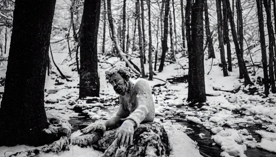 Prompt: 1 9 6 0 s movie still close up of marcus aurelius frozen to death, feets in a river, pine forests, cinestill 8 0 0 t 3 5 mm b & w, high quality, heavy grain, high detail, texture, dramatic light, anamorphic, hyperrealistic, foggy