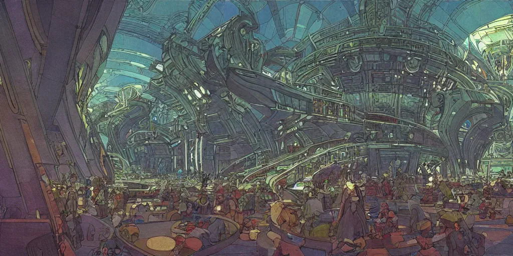 Image similar to cel shaded cinematic shot of the interior of a sci-fi space station with ornate Elven architecture bustling with people, epic castle, emerald, crystalline, detailed illustration, sharp focus, concept art by Moebius, Jean Giraud Moebius