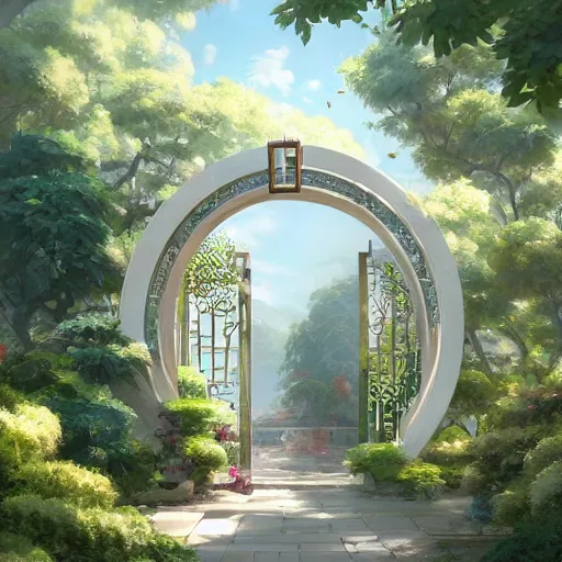 Prompt: circular gate in a white wall, leading to a garden. chinese architecture. fantasy. detailed. smooth. sharp focus. trending on arstation. cgsociety masterpiece, by rossdraws, ghibli, kimi no na wa, greg rutkowski, simon stalberg, greg manchess