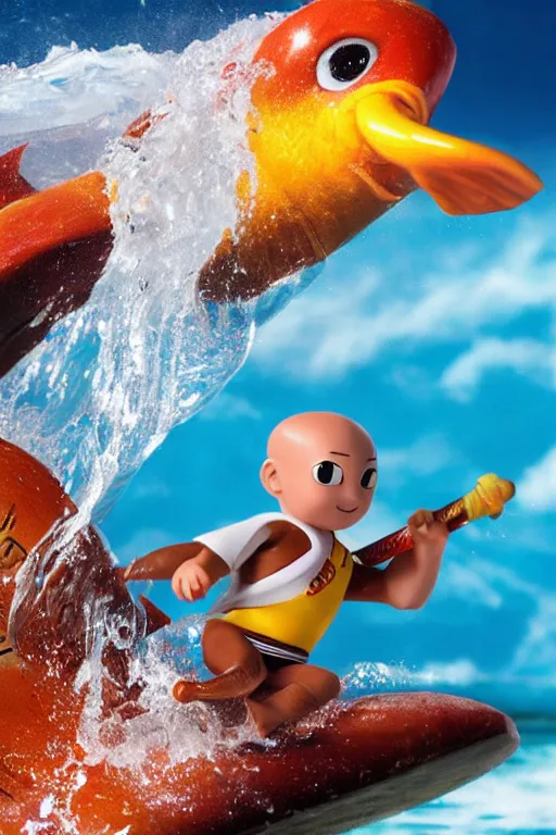 Image similar to close up still shot of young aang surfing on an elephant koi fish, from the live action movie the last airbender, 3 5 mm, highly detailed, dynamic lighting