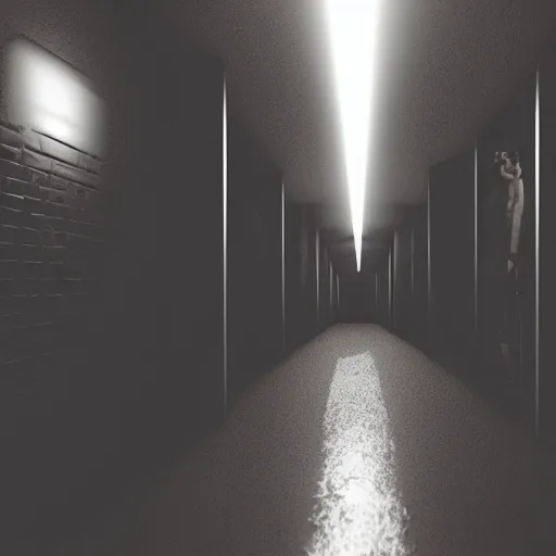 Image similar to photograph of an extremely dark narrow hallway with glowing humanoid cryptid with television static, dark deep black shadows, red and black color contrast in the style of trevor henderson, liminal space, 3 d octane render, glitch effect