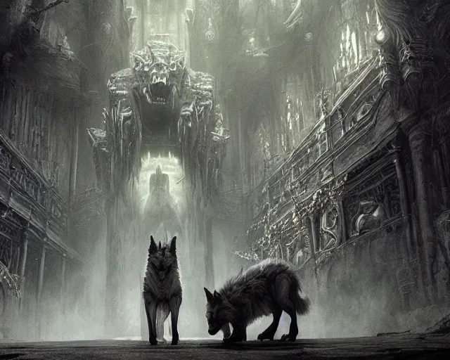 Image similar to king of the wolves - fantasy, inside the king's hall wolves and their treasures, ethereal, ominous, misty, 8 k, by h. r. giger and greg rutkowski, the last guardian by fumito ueda - elden ring