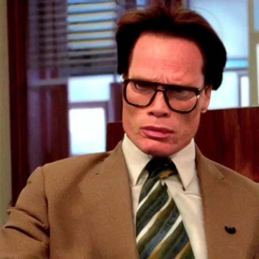 Prompt: Arnold Schartzenegger as Dwight K. Schrute from The Office, TV frame