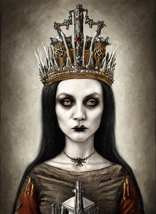 Prompt: highly detailed closeup portrait of a goth medieval princess wearing a crown and a gas mask sitting on a throne, nicoletta ceccoli, mark ryden, lostfish, global illumination, god rays, detailed and intricate environment