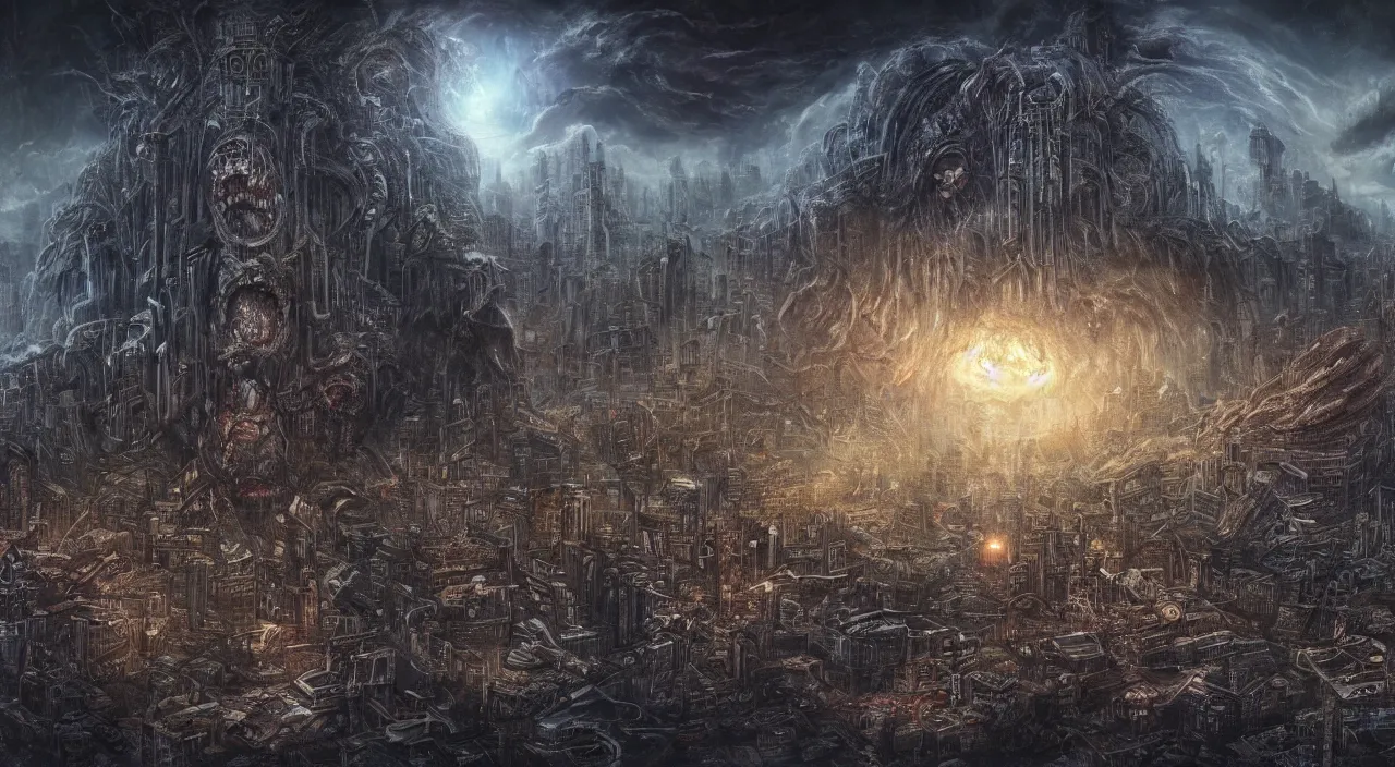 Image similar to a cosmic horror monster devouring an entire city, large scale, eerie, mixed media, digital art, trending on artstation, 8k, epic composition, highly detailed, AAA graphics
