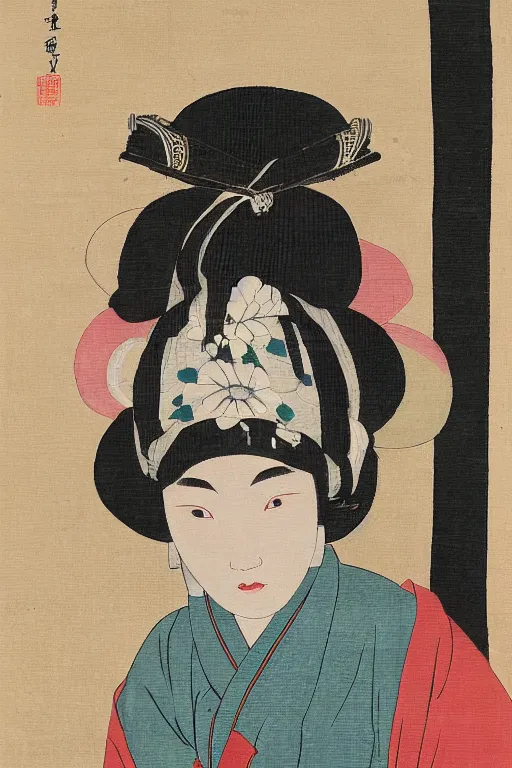 Image similar to native japanese woman with partially masked face, painted by wang neng jun