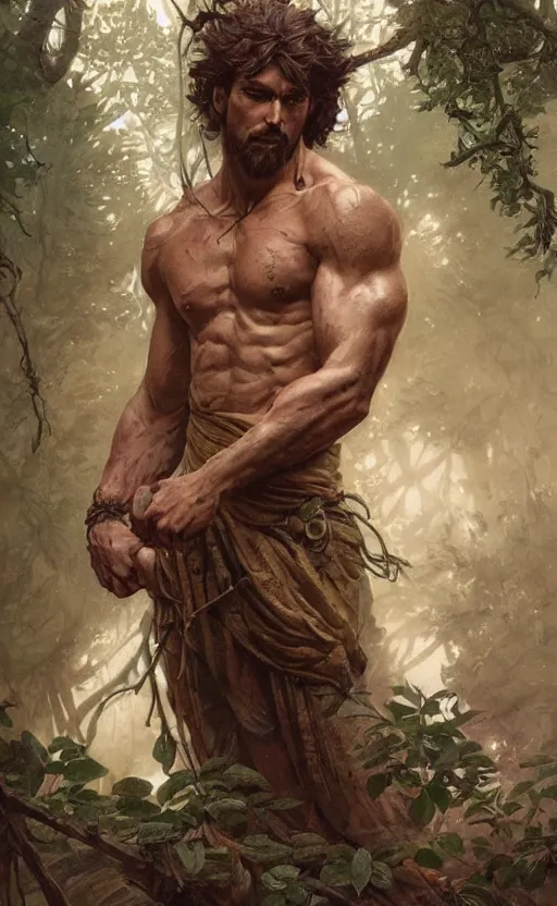 Image similar to god of the forest, 3 0 years old, rugged, handsome, male, detailed face, clean lines, atmospheric lighting, amazing, full body, flowers, muscular, intricate, highly detailed, digital painting, artstation, concept art, sharp focus, illustration, art by greg rutkowski and alphonse mucha